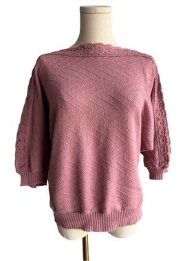 Vintage 80s 90s Pointelle Knit Sweater Top Medium Crochet Lace Batwing Boho Rose